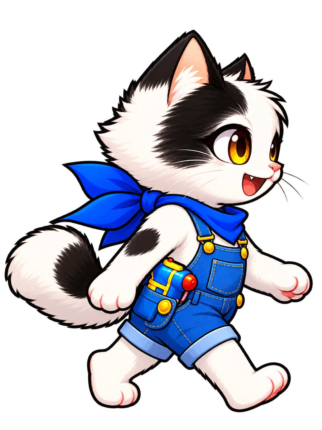 Sushi, notre chat aventurier en salopette et foulard bleus